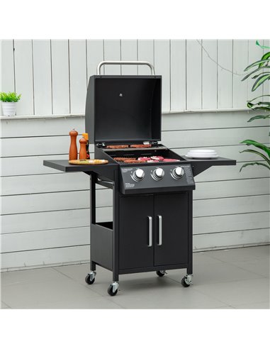 Outsunny 3 Burner Gas BBQ Grill Outdoor Portable Barbecue Trolley, Black 846-103V70BK