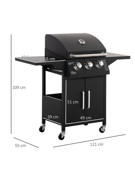 Outsunny 3 Burner Gas BBQ Grill Outdoor Portable Barbecue Trolley, Black 846-103V70BK - pic 41243 | FastDaddyshop