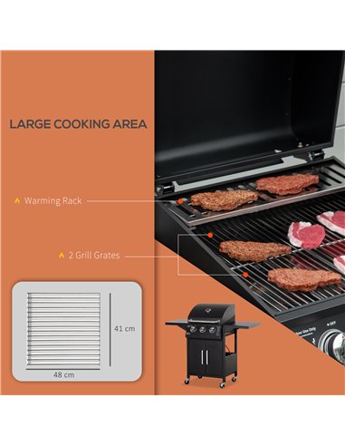 Outsunny 3 Burner Gas BBQ Grill Outdoor Portable Barbecue Trolley w/ Warming Rack, Side Shelves, Storage Cabinet, Thermometer, C