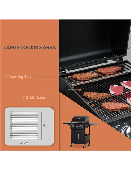 Outsunny 3 Burner Gas BBQ Grill Outdoor Portable Barbecue Trolley w/ Warming Rack, Side Shelves, Storage Cabinet, Thermometer, C - pic 41244 | FastDaddyshop