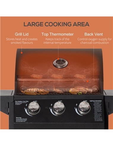 Outsunny 3 Burner Gas BBQ Grill Outdoor Portable Barbecue Trolley w/ Warming Rack, Side Shelves, Storage Cabinet, Thermometer, C