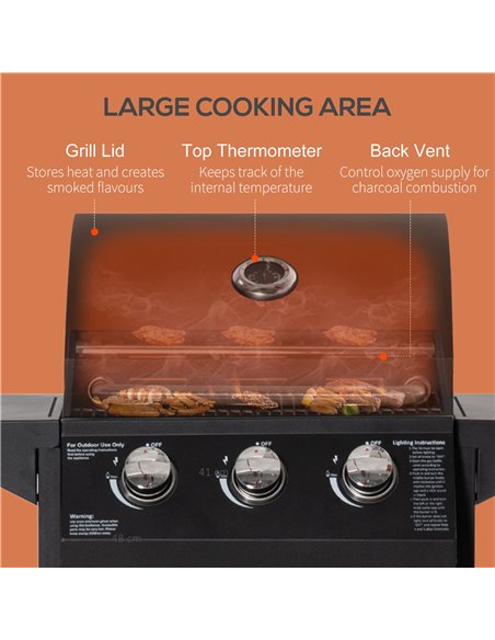 Outsunny 3 Burner Gas BBQ Grill Outdoor Portable Barbecue Trolley w/ Warming Rack, Side Shelves, Storage Cabinet, Thermometer, C - pic 41245 | FastDaddyshop