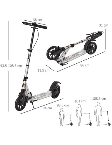 HOMCOM Adult Teens Kick Scooter Foldable Height Adjustable Aluminum Ride On Toy for 14+ with Rear Wheel & Hand Brake, Shock Miti