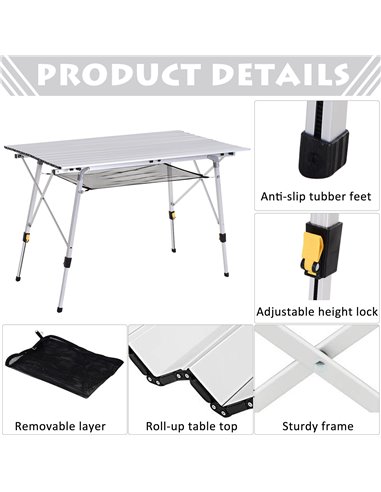 Outsunny 4FT Folding Aluminium Picnic Table Portable Camping BBQ Table Roll Up Top Mesh Layer Rack with Carrying Bag A20-146