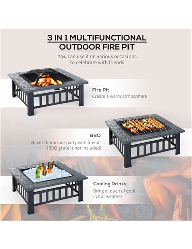 Outsunny Metal Large Firepit Outdoor Square Fire Pit Brazier w/ Rain Cover, Lid, Log Grate for Backyard, Camping, BBQ, Bonfire, 