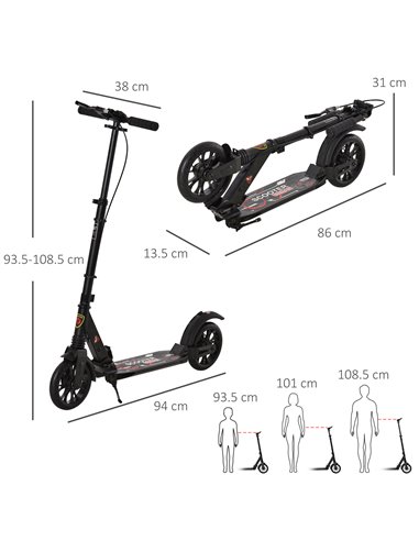HOMCOM Adult Teens Kick Scooter Foldable Height Adjustable Aluminum Ride On Toy for 14+ with Rear Wheel & Hand Brake, Shock Miti