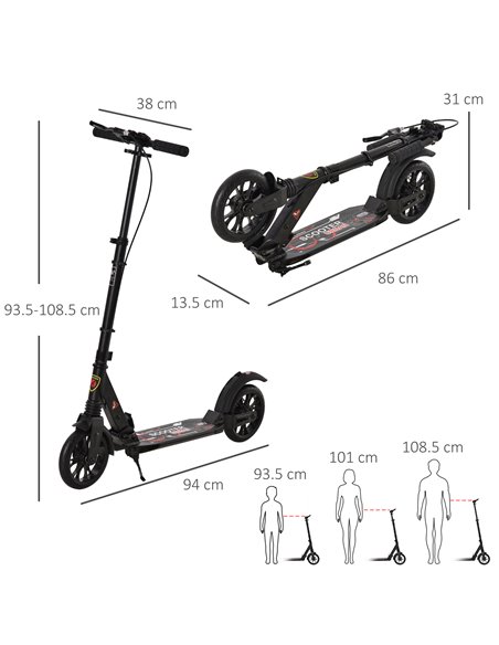 HOMCOM Adult Teens Kick Scooter Foldable Height Adjustable Aluminum Ride On Toy for 14+ with Rear Wheel & Hand Brake, Shock Miti - pic 4150 | FastDaddyshop