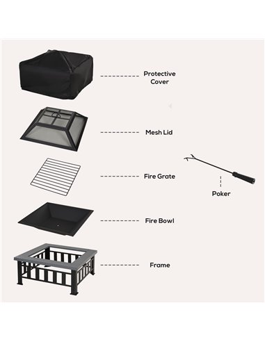 Outsunny Metal Large Firepit Outdoor Square Fire Pit Brazier w/ Rain Cover, Lid, Log Grate for Backyard, Camping, BBQ, Bonfire, 