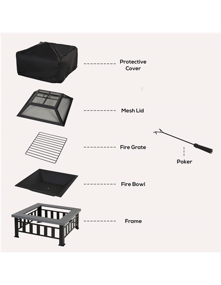 Outsunny Metal Large Firepit Outdoor Square Fire Pit Brazier w/ Rain Cover, Lid, Log Grate for Backyard, Camping, BBQ, Bonfire,  - pic 41500 | FastDaddyshop
