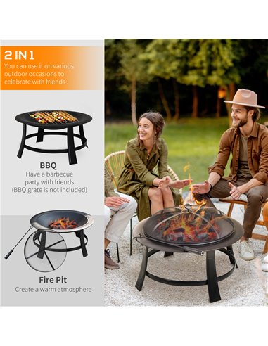 Outsunny Metal Large Firepit Bowl Outdoor Round Fire Pit w/ Lid, Log Grate, Poker for Backyard, Camping, BBQ, Bonfire, 76 x 76 x