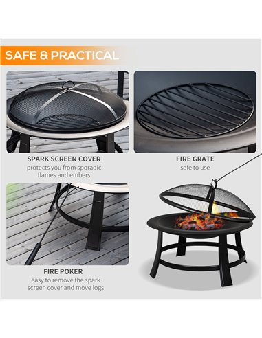 Outsunny Metal Large Firepit Bowl Outdoor Round Fire Pit w/ Lid, Log Grate, Poker for Backyard, Camping, BBQ, Bonfire, 76 x 76 x