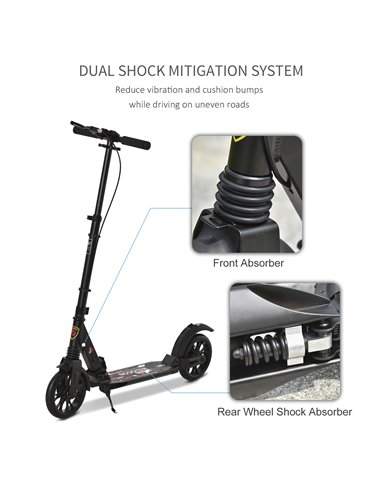HOMCOM Adult Teens Kick Scooter Foldable Height Adjustable Aluminum Ride On Toy for 14+ with Rear Wheel & Hand Brake, Shock Miti