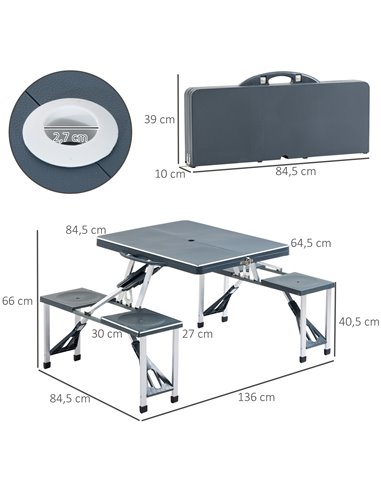 Outsunny Folding Picnic Table and Chair Set Portable Camping Hiking Dining Furniture with Four Chairs, Aluminium Frame and Suitc