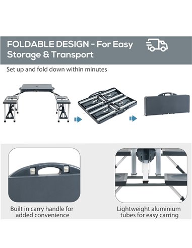 Outsunny Folding Picnic Table and Chair Set Portable Camping Hiking Dining Furniture with Four Chairs, Aluminium Frame and Suitc