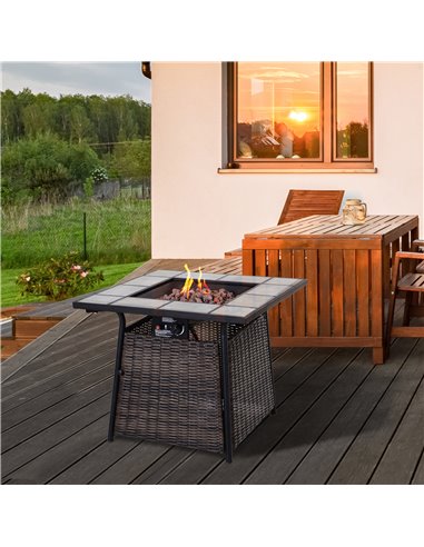 Outsunny Wicker Gas Fire Pit W/Lid 80Lx80Wx69H cm-Brown /Black 867-006