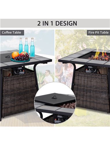 Outsunny Wicker Gas Fire Pit W/Lid 80Lx80Wx69H cm-Brown /Black 867-006