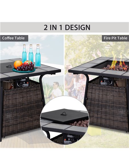 Outsunny Wicker Gas Fire Pit W/Lid 80Lx80Wx69H cm-Brown /Black 867-006 - pic 41534 | FastDaddyshop
