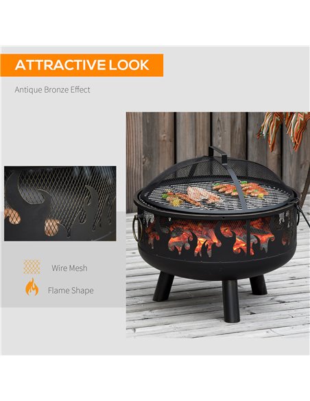 Outsunny 2-in-1 Outdoor Fire Pit with Cooking Grate Steel BBQ Grill Bowl Heater with Spark Screen Cover, Fire Poker for Backyard - pic 41553 | FastDaddyshop