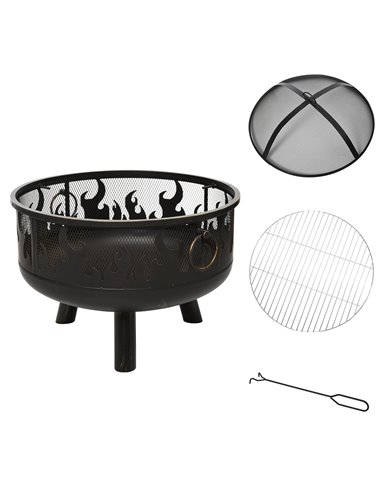 Outsunny 2-in-1 Outdoor Fire Pit with Cooking Grate Steel BBQ Grill Bowl Heater with Spark Screen Cover, Fire Poker for Backyard