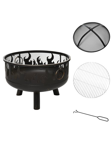 Outsunny 2-in-1 Outdoor Fire Pit with Cooking Grate Steel BBQ Grill Bowl Heater with Spark Screen Cover, Fire Poker for Backyard - pic 41555 | FastDaddyshop