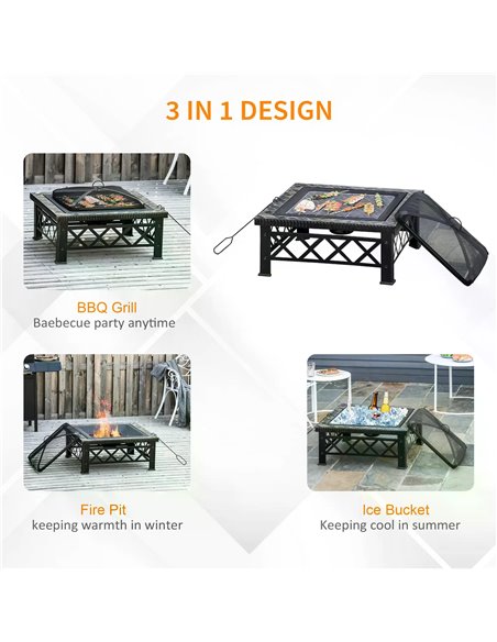 Outsunny 3 in 1 Square Fire Pit Square Table Metal Brazier for Garden, Patio with BBQ Grill Shelf, Spark Screen Cover, Grate, Po - pic 41577 | FastDaddyshop