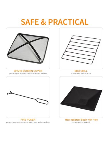 Outsunny 3 in 1 Square Fire Pit Square Table Metal Brazier for Garden, Patio with BBQ Grill Shelf, Spark Screen Cover, Grate, Po