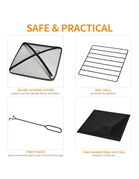 Outsunny 3 in 1 Square Fire Pit Square Table Metal Brazier for Garden, Patio with BBQ Grill Shelf, Spark Screen Cover, Grate, Po - pic 41578 | FastDaddyshop