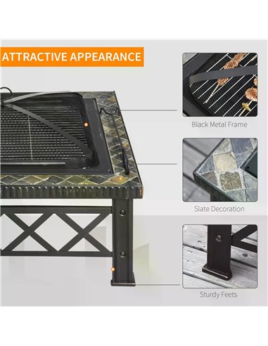 Outsunny 3 in 1 Square Fire Pit Square Table Metal Brazier for Garden, Patio with BBQ Grill Shelf, Spark Screen Cover, Grate, Po