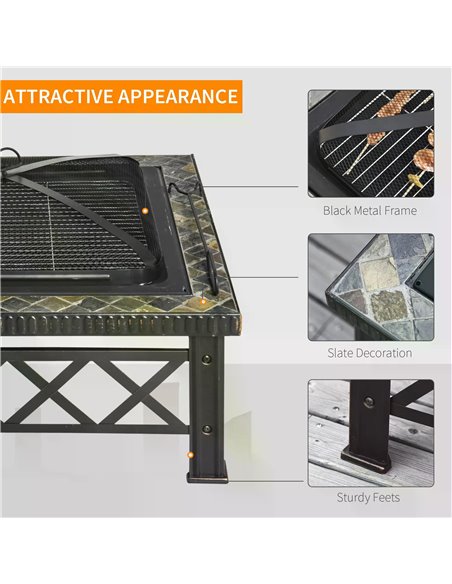 Outsunny 3 in 1 Square Fire Pit Square Table Metal Brazier for Garden, Patio with BBQ Grill Shelf, Spark Screen Cover, Grate, Po - pic 41579 | FastDaddyshop