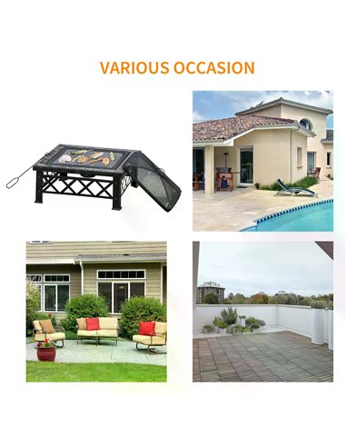 Outsunny 3 in 1 Square Fire Pit Square Table Metal Brazier for Garden, Patio with BBQ Grill Shelf, Spark Screen Cover, Grate, Po