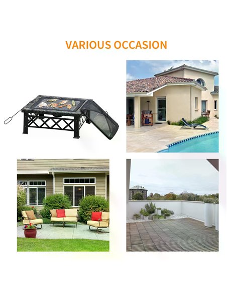 Outsunny 3 in 1 Square Fire Pit Square Table Metal Brazier for Garden, Patio with BBQ Grill Shelf, Spark Screen Cover, Grate, Po - pic 41580 | FastDaddyshop