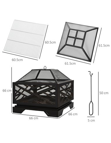 Outsunny 66cm 2 in 1 Square Fire Pit Metal Brazier, Black 842-174