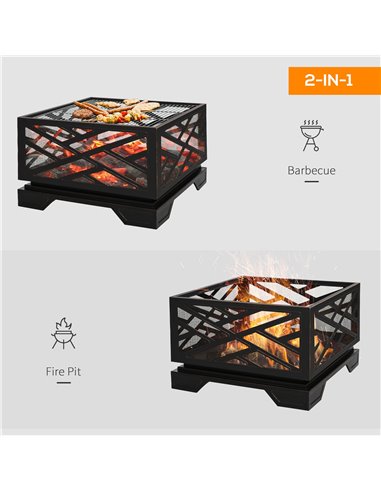 Outsunny 66cm 2 in 1 Square Fire Pit Metal Brazier, Black 842-174