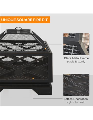 Outsunny 66cm 2 in 1 Square Fire Pit Metal Brazier for Garden, Patio with BBQ Grill Shelf & Spark Screen Cover & Poker, Black 84