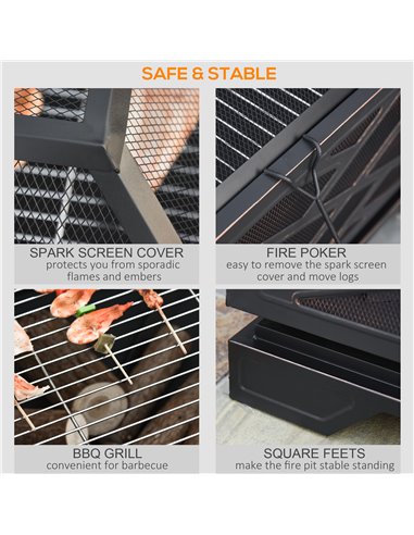 Outsunny 66cm 2 in 1 Square Fire Pit Metal Brazier for Garden, Patio with BBQ Grill Shelf & Spark Screen Cover & Poker, Black 84