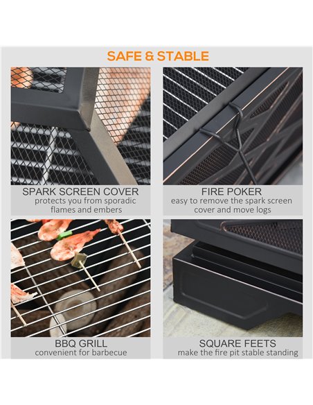 Outsunny 66cm 2 in 1 Square Fire Pit Metal Brazier for Garden, Patio with BBQ Grill Shelf & Spark Screen Cover & Poker, Black 84 - pic 41589 | FastDaddyshop