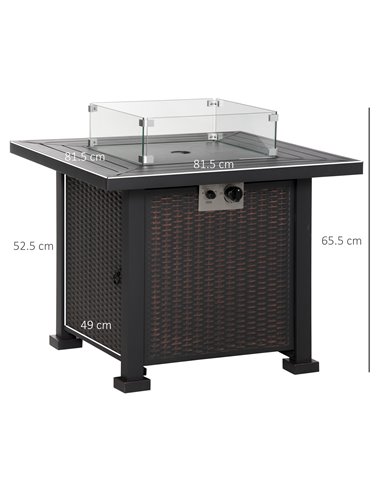 Outsunny Square Propane Gas Fire Pit Table, 50000 BTU Rattan Smokeless Firepit Patio Heater w/ Glass Screen, Beads and Lid, 82cm