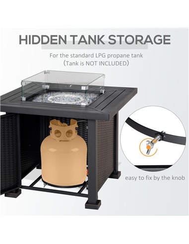 Outsunny Square Propane Gas Fire Pit Table, 50000 BTU Rattan Smokeless Firepit Patio Heater w/ Glass Screen, Beads and Lid, 82cm