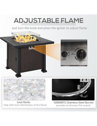 Outsunny Square Propane Gas Fire Pit Table, 50000 BTU Rattan Smokeless Firepit Patio Heater w/ Glass Screen, Beads and Lid, 82cm