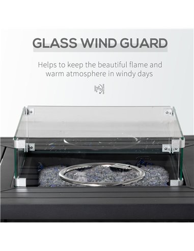 Outsunny Square Propane Gas Fire Pit Table, 50000 BTU Rattan Smokeless Firepit Patio Heater w/ Glass Screen, Beads and Lid, 82cm