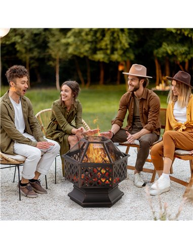 Outsunny Outdoor Fire Pit with Screen Cover, Portable Wood Burning Firebowl with Poker for Patio, Backyard, Bronze 842-225