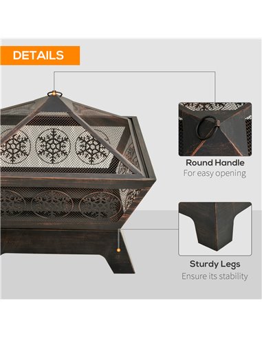 Outsunny Outdoor Fire Pit, Metal Square Firepit Bowl with Spark Screen, Poker for Patio, BBQ, Camping, 61 x 61 x 52cm, Black 842