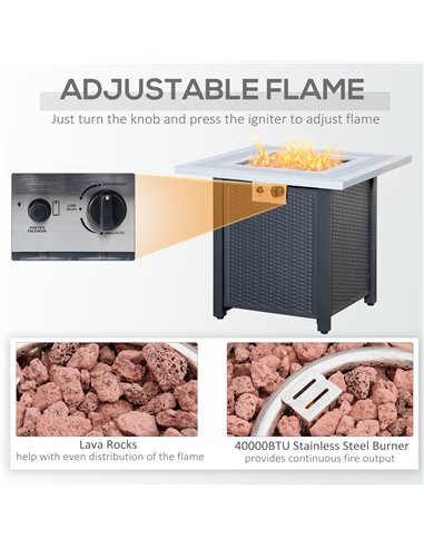 Outsunny Square Propane Gas Fire Pit Table, 40000 BTU Rattan Smokeless Firepit Patio Heater with Lava Rocks and Lid, 71cm x 71cm