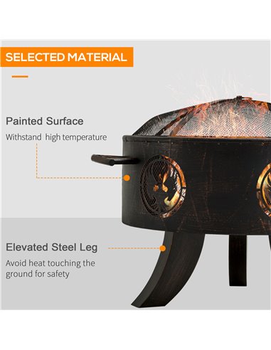 Outsunny Outdoor Fire Pit Patio Heater Charcoal Log Wood Burner with Screen Cover, Fire Bowl with Poker for Backyard, Bronze Ton