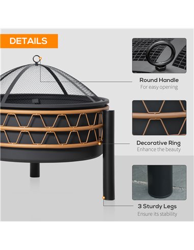 Outsunny Outdoor Fire Pit, Metal Round Firepit Bowl, Charcoal Log Wood Burner with Screen Cover, Poker for Patio, BBQ, Camping, 