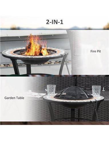 Outsunny 60cm Outdoor Fire Pit Table with Mosaic Outer, Round Firepit with Spark Screen Cover, Fire Poker for Garden Bonfire Par