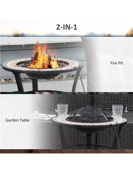Outsunny 60cm Outdoor Fire Pit Table with Mosaic Outer, Round Firepit with Spark Screen Cover, Fire Poker for Garden Bonfire Par - pic 41766 | FastDaddyshop