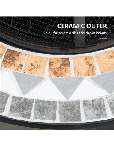 Outsunny 60cm Outdoor Fire Pit Table with Mosaic Outer, Round Firepit with Spark Screen Cover, Fire Poker for Garden Bonfire Par