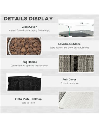 Outsunny Outdoor PE Rattan Gas Fire Pit Table, Patio Square Propane Heater with Rain Cover, Glass Windscreen, and Lava Stone, 50