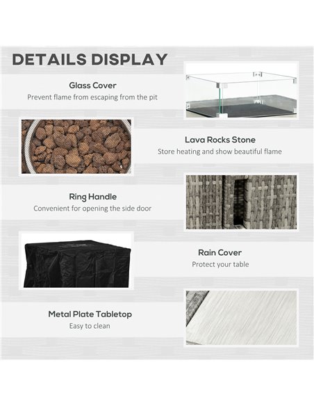 Outsunny Outdoor PE Rattan Gas Fire Pit Table, Patio Square Propane Heater with Rain Cover, Glass Windscreen, and Lava Stone, 50 - pic 41777 | FastDaddyshop